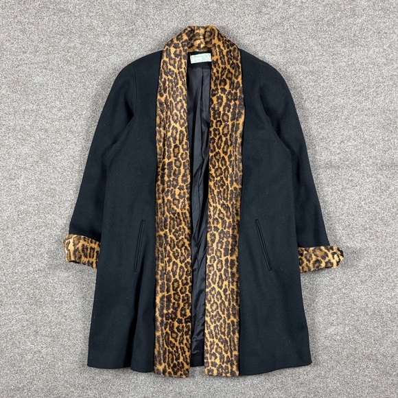 fashions by jill Jackets & Blazers - Vintage Black Open Front Wool Coat Leopard Fur Trim Women’s XL Mid Length Retro